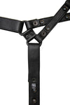ARMY OF MEN  UNIVERSAL X HARNESS - Black with matte black hardware, laid flat and displaying the lining leather.