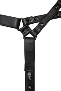 ARMY OF MEN  UNIVERSAL X HARNESS - Black with matte black hardware, laid flat and displaying the lining leather.