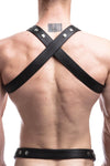 Male model in a 1.5" wide UNIVERSAL X HARNESS - Stainless Steel with stainless steel rivets, snaps, and D-rings, back view.