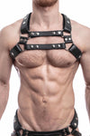 Front view of male model in an ARMY OF MEN black leather chest harness with stainless steel hardware. Front straps parallel.