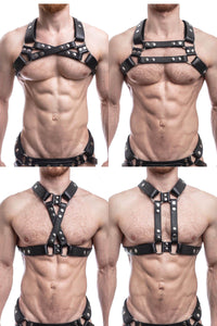 ARMY OF MEN black leather chest harness with stainless steel rivets styled on a ginger haired model, four ways.
