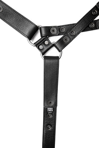 ARMY OF MEN UNIVERSAL X HARNESS - Stainless Steel with stainless steel hardware, laid flat and showing the lining.