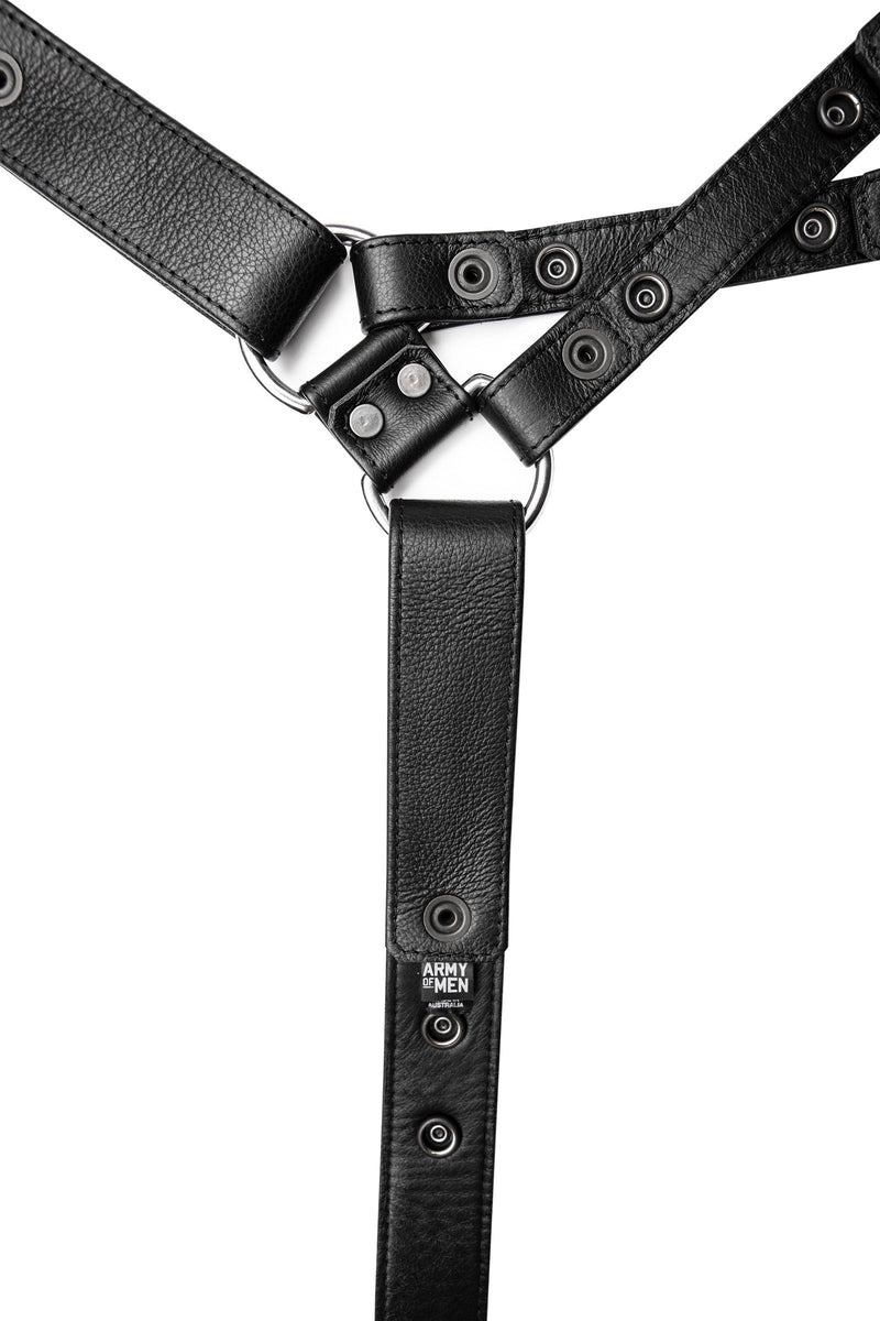 ARMY OF MEN UNIVERSAL X HARNESS - Stainless Steel with stainless steel hardware, laid flat and showing the lining.