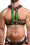 Male model facing forward wearing an ARMY OF MEN black and fluro green leather X harness with matte black snaps.