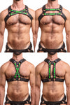 A fit model wearing an ARMY OF MEN black and fluro green leather chest harness with matte black hardware, four ways.
