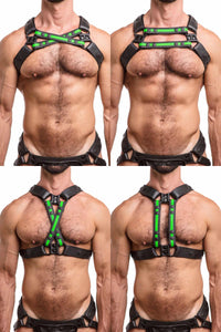 A fit model wearing an ARMY OF MEN black and fluro green leather chest harness with matte black hardware, four ways.