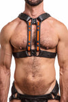 ARMY OF MEN UNIVERSAL X HARNESS - Fluro Orange with matte black rivets styled on a fit model, facing forward.