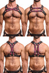 An ARMY OF MEN black and neon pink leather chest harness with matt black hardware, worn by a defined model, styled four ways.