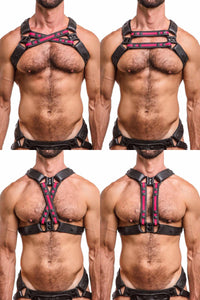 An ARMY OF MEN black and neon pink leather chest harness with matt black hardware, worn by a defined model, styled four ways.