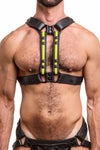 Front-on shot of male model in an ARMY OF MEN black and fluro yellow leather harness with matte black hardware.