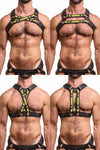 ARMY OF MEN black and neon yellow leather chest harness with matt black D-rings styled on a hairy model, four ways.