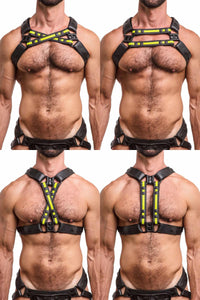 ARMY OF MEN black and neon yellow leather chest harness with matt black D-rings styled on a hairy model, four ways.