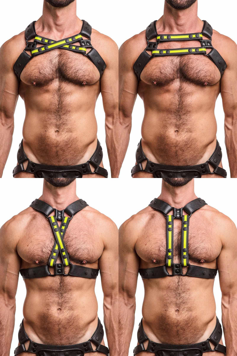 ARMY OF MEN black and neon yellow leather chest harness with matt black D-rings styled on a hairy model, four ways.