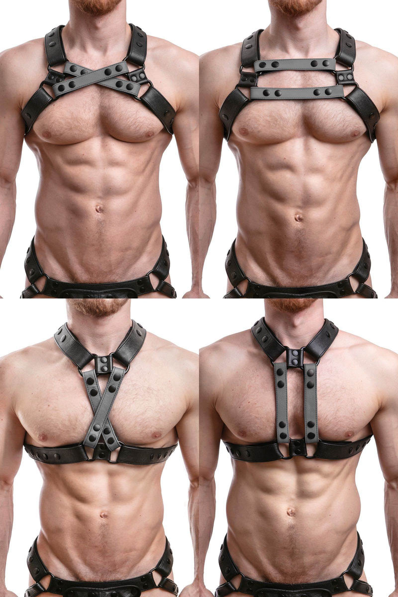 ARMY OF MEN UNIVERSAL X HARNESS - Grey with matte black snaps styled on a ginger haired model, four ways.