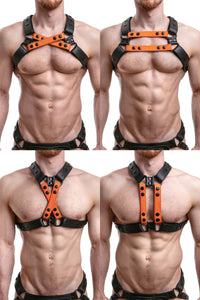 Male model wearing an ARMY OF MEN black and orange leather chest harness with matte black hardware, shown four ways.