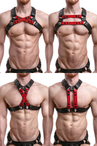 ARMY OF MEN black and red leather chest harness with matte black metal hardware styled on a male model, four ways.