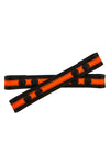 One inch wide black and fluro orange leather Universal X harness front straps with black snaps, laid flat seen from above.