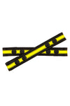 Flat lay view of a 1" wide ARMY OF MEN UNIVERSAL X STRAPS - Fluro Yellow with matte black snaps.