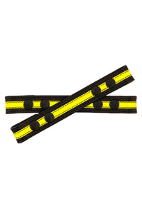Flat lay view of a 1" wide ARMY OF MEN UNIVERSAL X STRAPS - Fluro Yellow with matte black snaps.