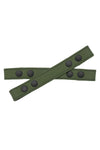 Overhead view of a 1" wide ARMY OF MEN army green leather Universal X harness front straps with matte black hardware.