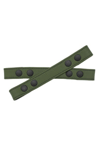 Overhead view of a 1" wide ARMY OF MEN army green leather Universal X harness front straps with matte black hardware.