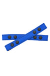 ARMY OF MEN 1" wide blue leather Universal X harness front straps with matte black hardware, laid flat and shot from above.