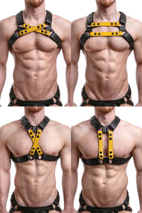 An ARMY OF MEN black and yellow leather harness with matte black hardware, worn by a ginger haired model, styled four ways.