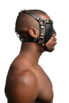 Handcrafted HEAD HARNESS PARTIAL BLINDER with stainless steel hardware styled on an athletic Black model, side view.