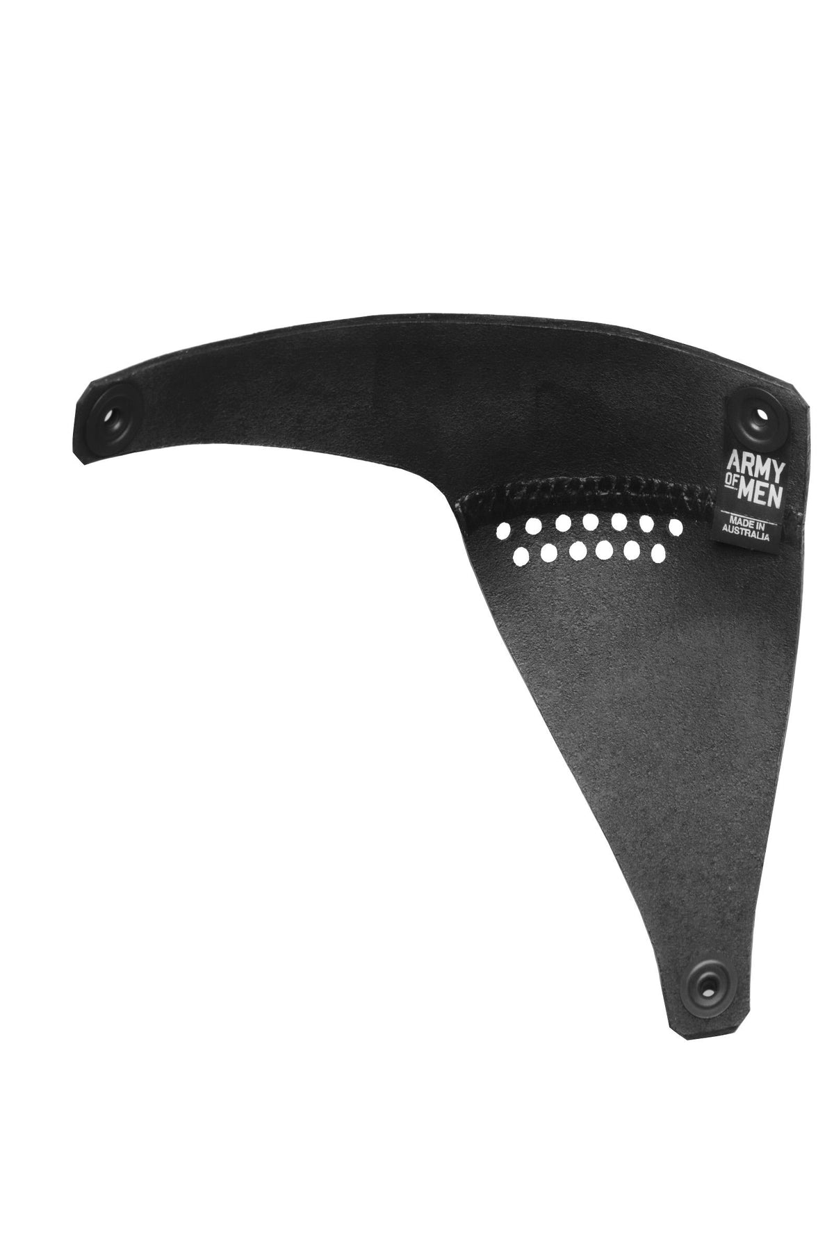 View of the back of a distinctive ARMY OF MEN HEAD HARNESS EYEPATCH, with metal snaps posts.