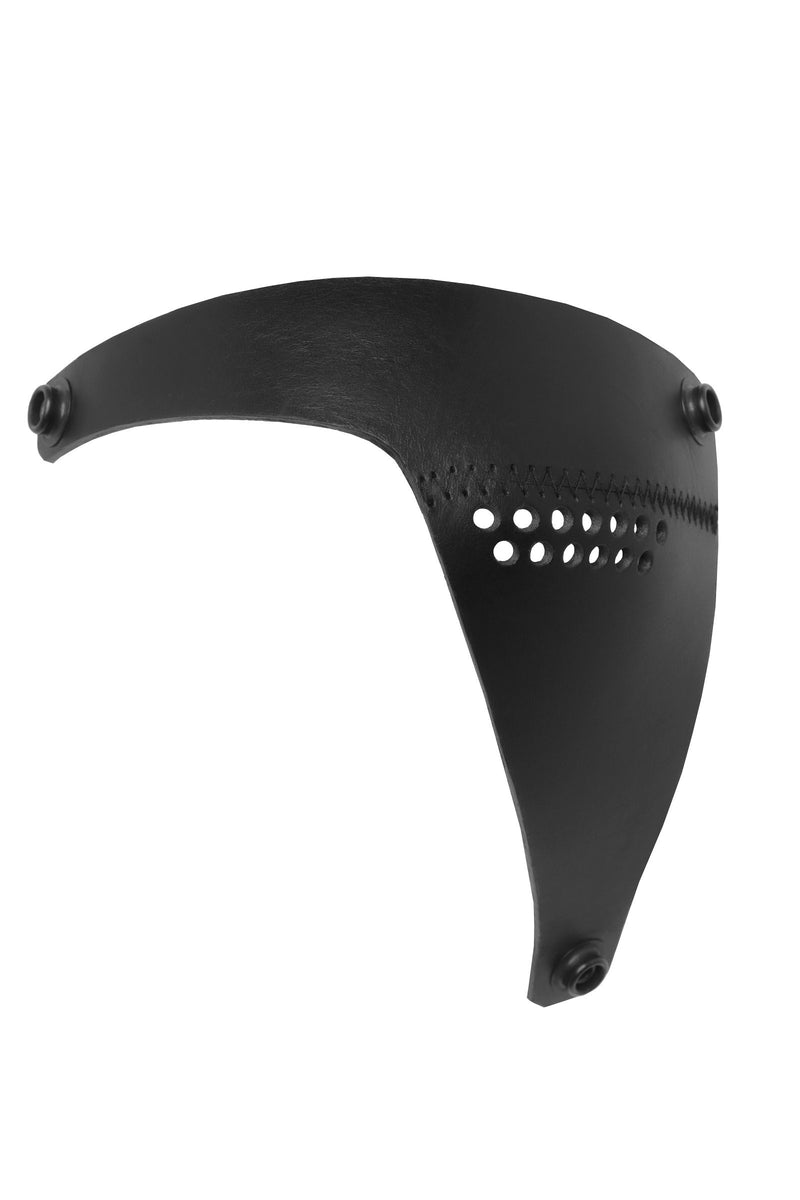 Front-on shot of a ARMY OF MEN black veg tan leather head harness eyepatch with metal hardware. Left eye.