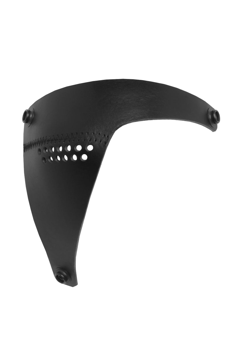 Front-on shot of an Australian-made black veg tan leather head harness eyepatch with metal hardware. Right eye.