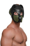 Powerful male model wearing only an original ARMY OF MEN all leather RANGER pup hood, featuring army green snout and ears.