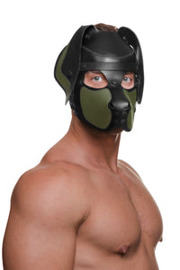 Powerful male model wearing only an original ARMY OF MEN all leather RANGER pup hood, featuring army green snout and ears.