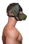 Toned male model styled only in an ARMY OF MEN all leather RANGER pup hood, with army green ears and snout. Side view.
