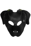 A black and army green leather RANGER pup mask with floppy ears shown from the back to display the internal structure.