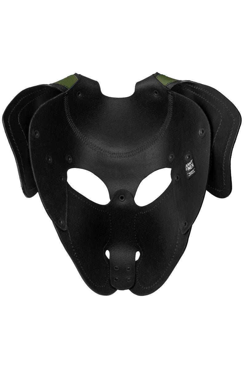 A black and army green leather RANGER pup mask with floppy ears shown from the back to display the internal structure.