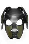Front product photo of an army green and black leather ARMY OF MEN pup mask with matte black snaps and rivets.