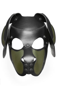 Front product photo of an army green and black leather ARMY OF MEN pup mask with matte black snaps and rivets.