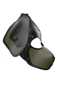Side profile of an Australian made ARMY OF MEN leather RANGER pup mask with army green detailing on the ears and snout.