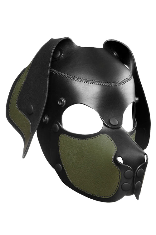 Three-quarter product view of a unique ARMY OF MEN leather RANGER pup mask with army green snout and ears.