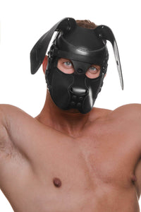 Well-built male model having fun in a handmade black veg tan leather RANGER pup hood, with the floppy ears detached.