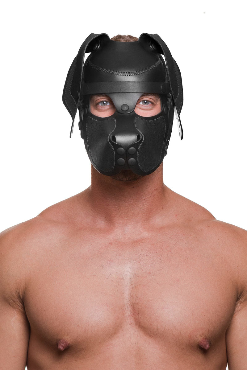 Portrait photo of a shirtless male model in an Australian made black leather RANGER pup hood, with matte black hardware.