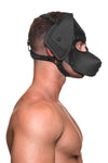 Caught in a striking side pose, the muscular male model is styled in a quality ARMY OF MEN all leather RANGER pup hood.