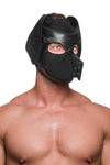 Male model in an ARMY OF MEN black leather RANGER pup hood, with matte black O-rings, rivets and snaps. Three-quarter pose.