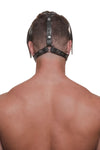 The rear view of a male model wearing an ARMY OF MEN RANGER pup hood, with durable stainless steel rings and snaps caps.