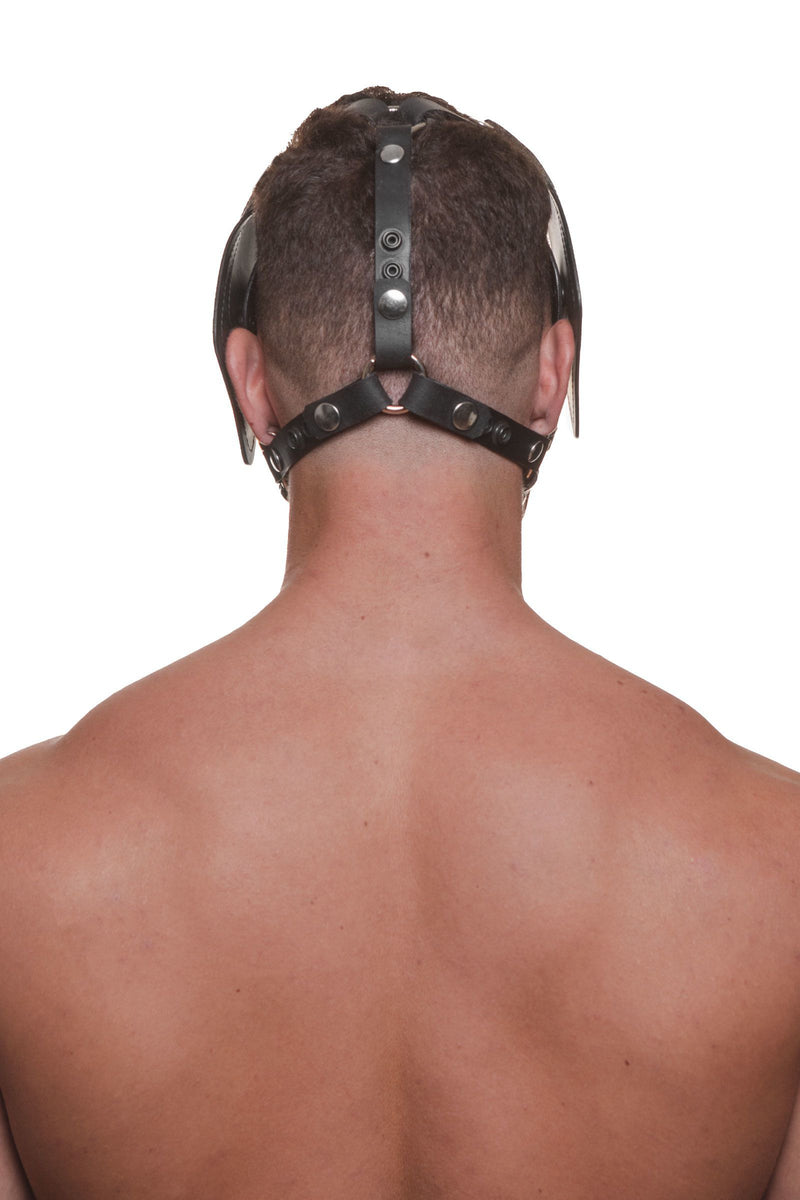 The rear view of a male model wearing an ARMY OF MEN RANGER pup hood, with durable stainless steel rings and snaps caps.