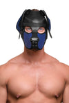 Facing the camera, the model is wearing a distinctive ARMY OF MEN black and blue all-leather pup hood, with black hardware.