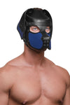 Muscularly posed model in an ARMY OF MEN leather RANGER pup hood, featuring blue snout and ears, and black metal hardware.