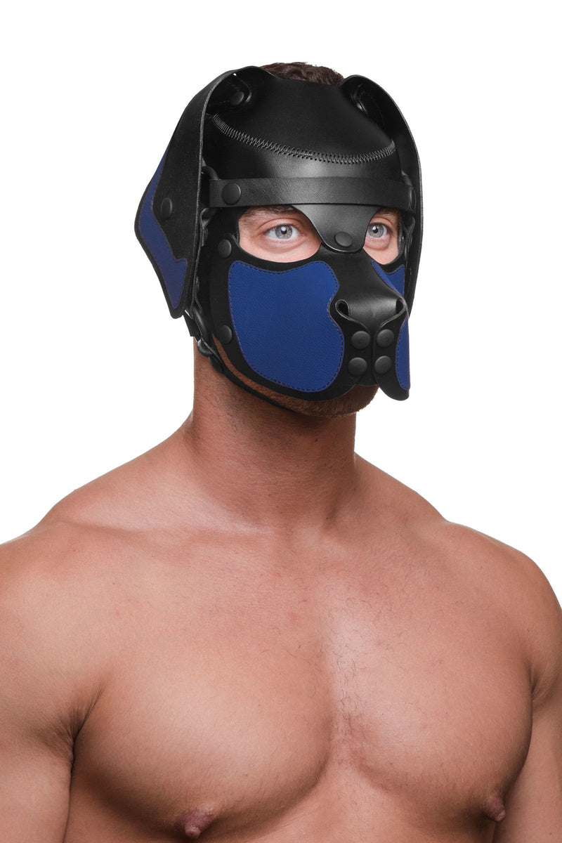 Muscularly posed model in an ARMY OF MEN leather RANGER pup hood, featuring blue snout and ears, and black metal hardware.