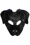 A handcrafted black and blue ARMY OF MEN leather RANGER pup mask with matte black hardware. Internal view.